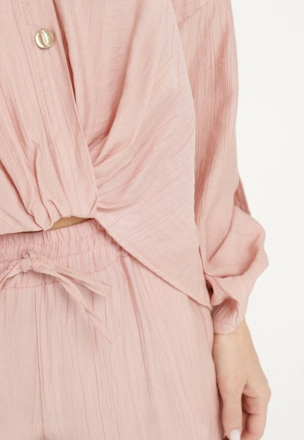 Różowy Wiskozowy Komplet Oversize Koszula i Spodnie z Gumką w Talii Natilira