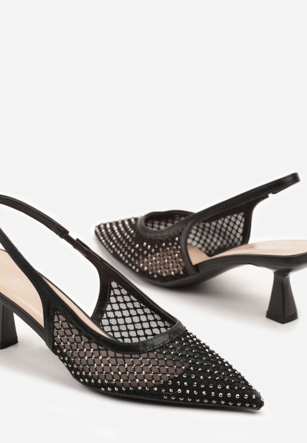 Czarne Sandały na Kaczuszce Slingback z Siateczkową Cholewką i Cyrkoniami Ridirana