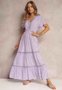 Fioletowa Długa Sukienka Zdobiona Koronkowymi Wstawkami z Gumką w Pasie Nasma