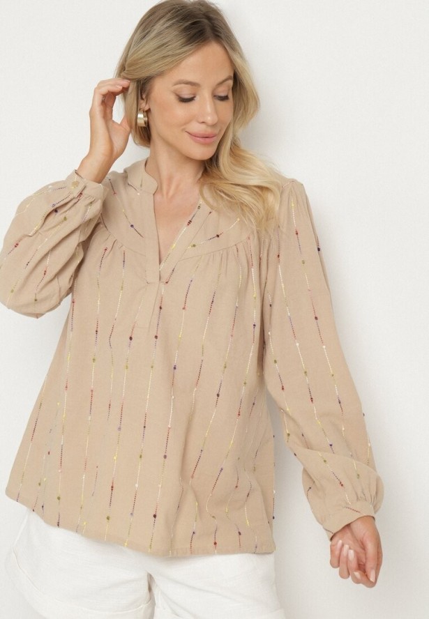 Beżowa Bluzka Koszulowa z Bawełny z Dekoltem w Serek i Haftem Palanenna