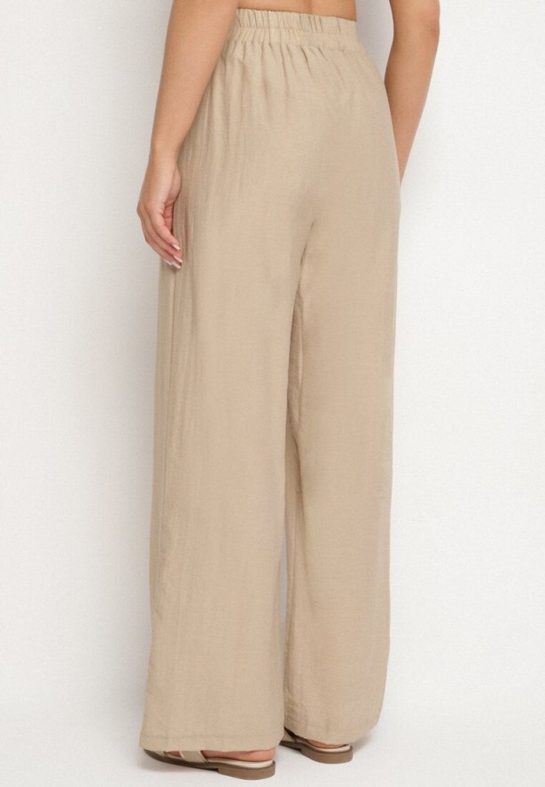 Ciemnobeżowe Spodnie Palazzo z Lnu i Wiskozy z Wysokim Stanem Linawena