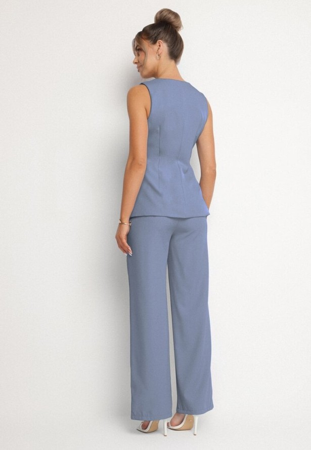 Niebieski Komplet w Stylu Garniturowym z Kamizelką i Klasycznymi Spodniami Ronthia