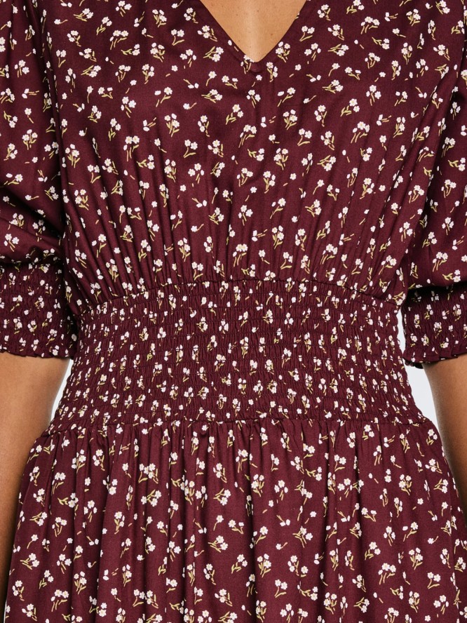 Sukienka damska midi z wiskozy z motywem kwiatowym bordowa Sheri 604