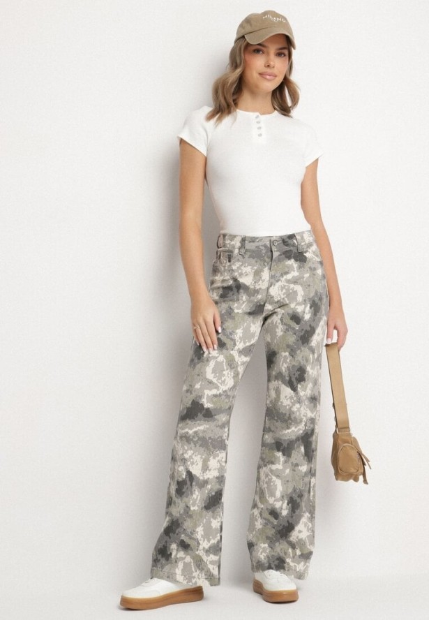 Szare Szerokie Jeansy z Bawełny z Wysokim Stanem we Wzór Moro Napielia