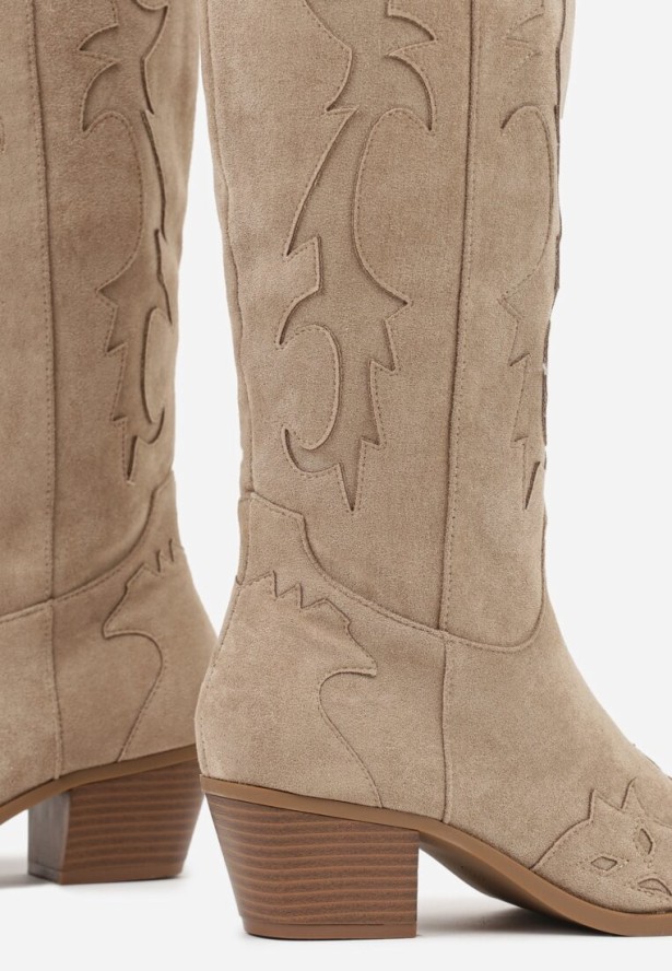 Ciemnobeżowe Kozaki Kowbojki na Stożku w Klasycznym Stylu Nalinda