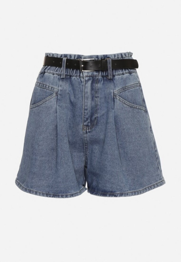 Niebieskie Szorty Jeansowe z Ozdobnymi Przeszyciami Gumką w Talii i Paskiem Alariana