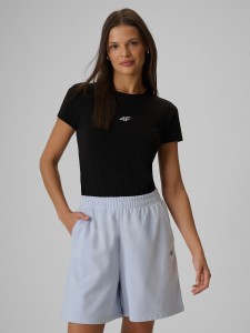 4F T-shirt slim gładki damski - czarny S