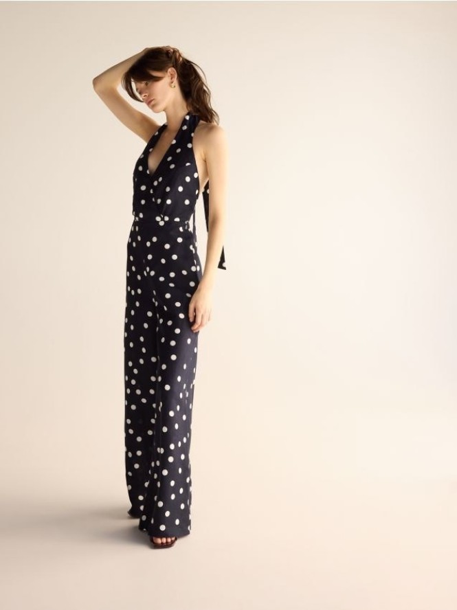 Wzorzysty kombinezon z lnem - granatowy