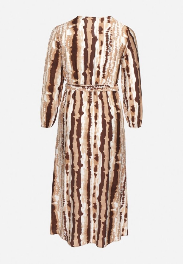 Beżowo-Brązowa Kopertowa Sukienka z Wiskozą i Paskiem w Talii Noranea