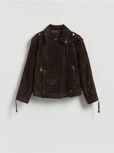 Zamszowa ramoneska oversize z paskiem - ciemnobrązowy