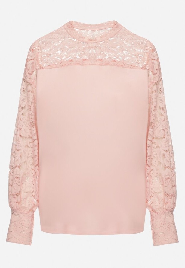 Jasnoróżowa Bluzka z Wiskozą Ozdobiona Koronką Evisso
