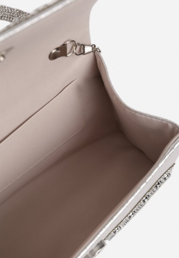 Srebrna Mała Torebka na Ramię z Rączką i Łańcuszkiem Ozdobiona Cyrkoniami na Magnes Xenatia