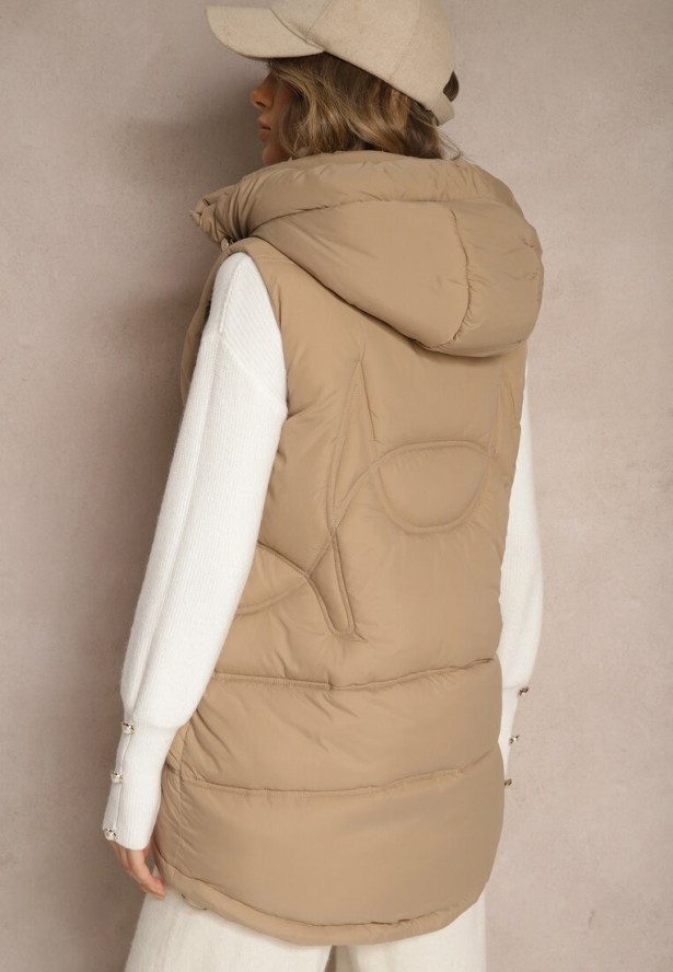 Ciemnobeżowa Pikowana Kamizelka z Kapturem i Ozdobnym Suwakiem Tomtalisa