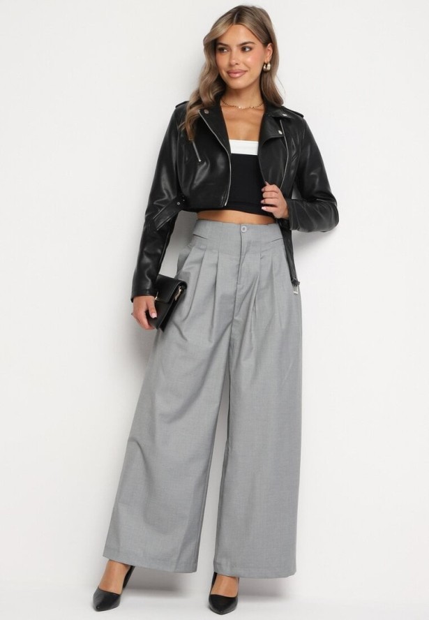 Szare Szerokie Garniturowe Spodnie z Wiskozą i Wysokim Stanem Harinavia