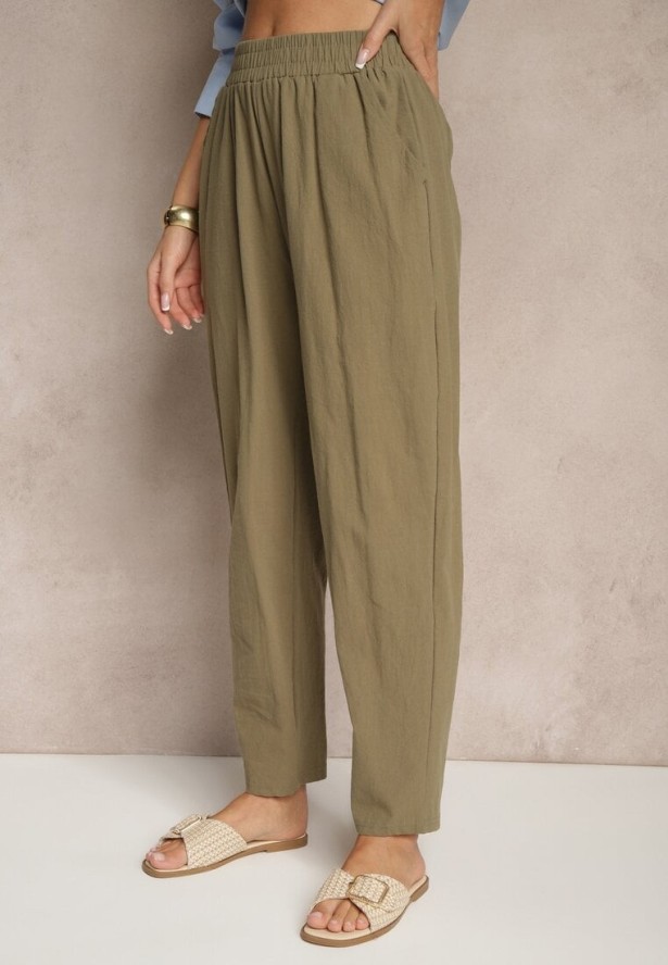 Ciemnozielone Spodnie z Bawełny High Waist Sonirea