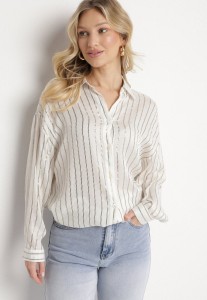 Biała Koszula Oversize z Lnu i Wiskozy Zdobiona Metalicznymi Paskami Ulienna