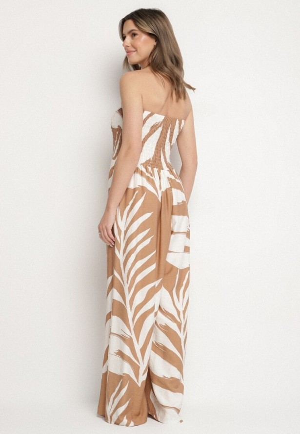 Beżowy Kombinezon z Wiskozą i Lnem Ozdobiony Wzorem LIści Fevisaie