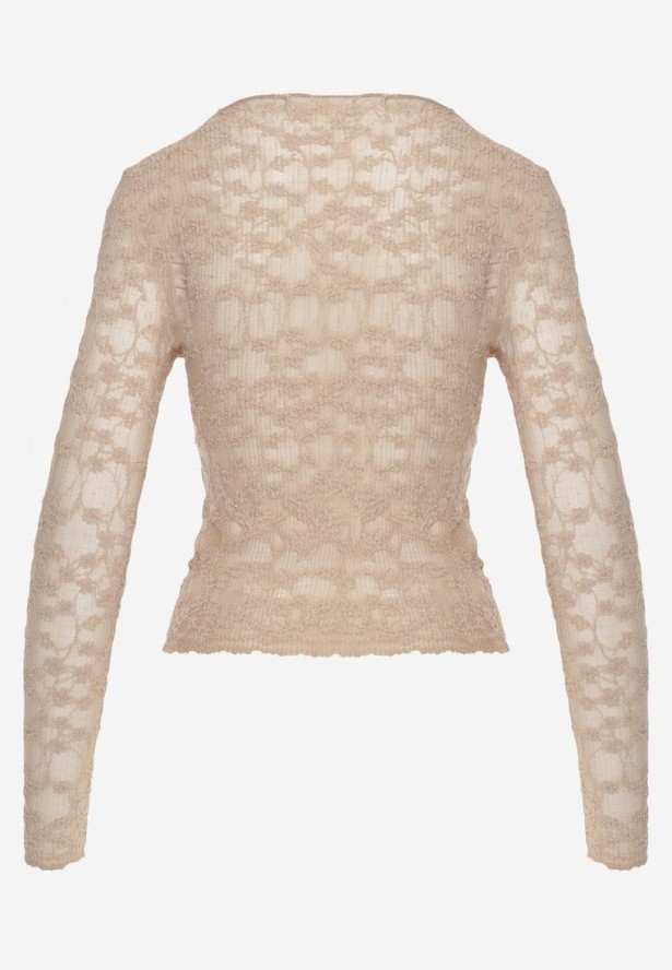 Beżowa Bluzka Koronkowa z Transparentnego Materiału Hermatea