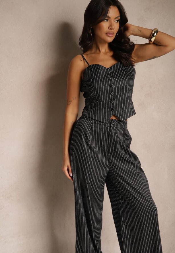 Czarny Komplet z Wiskozy w Pionowe Prążki Top i Szerokie Spodnie Miltebia