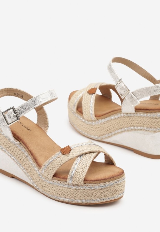 Srebrne Sandały ze Wstawkami z Plecionki na Koturnie Neroliana