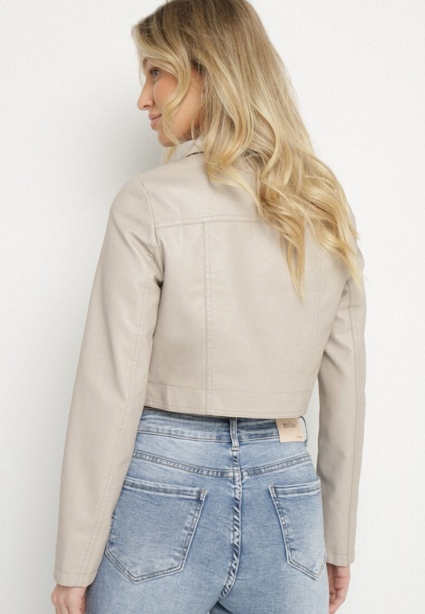 Beżowa Krótka Kurtka z Imitacji Skóry o Koszulowym Kroju z Kieszeniami Sesonia