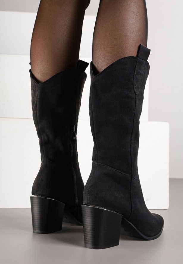 Czarne Botki Kowbojki z Cholewką do Łydki i Obcasie Typu Słupek Cartemes