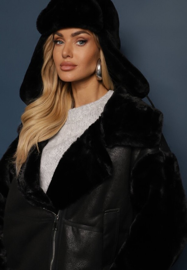 Czarna Kurtka Pilotka z Ozdobnym Futerkiem Grapela