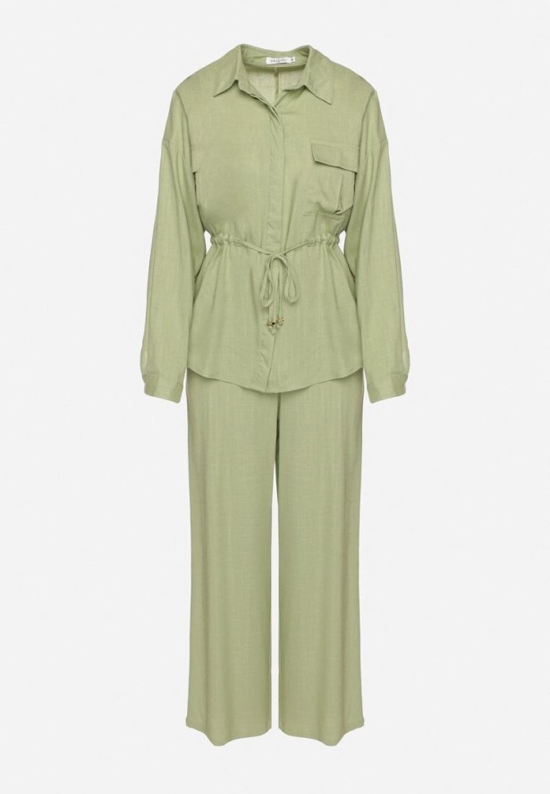 Zielony Komplet z Wiskozą Koszula Ściągana w Talii i Szerokie Spodnie Divellara