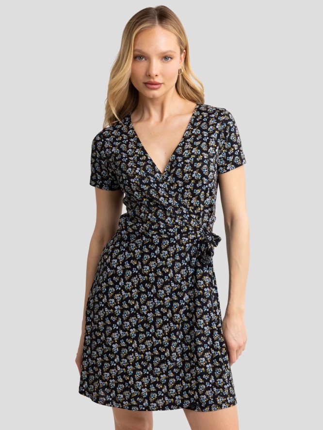 Sukienka damska mini kopertowa z motywem kwiatowym czarna Rihatana 906