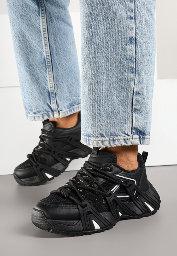 Czarne Sneakersy na Platformie z Cyrkoniami i Geometrycznym Wzorem Lavivione