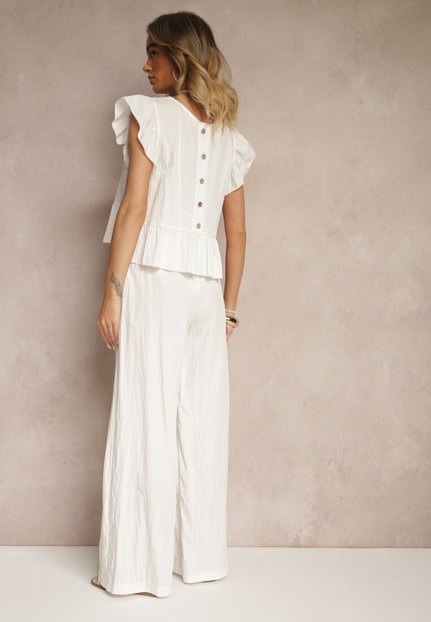 Biały Komplet z Wiskozą Spodnie o Szerokim Kroju i Bluzka z Baskinką Evellimi