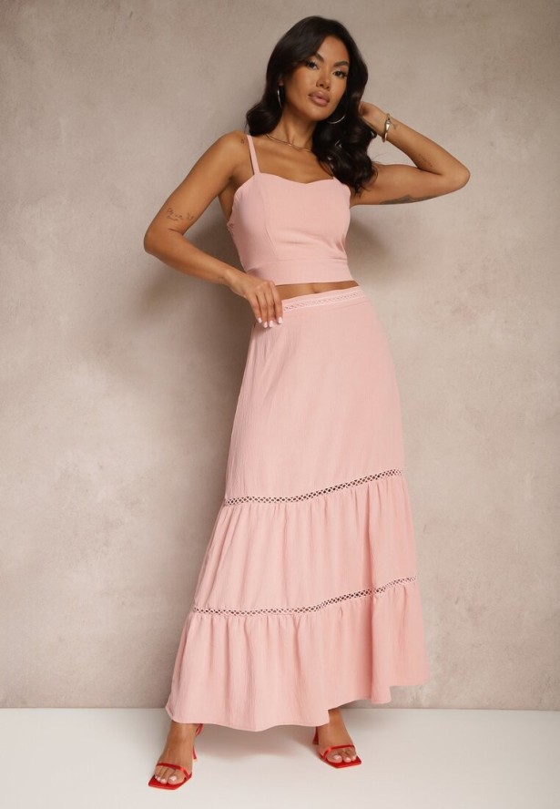 Różowy Komplet Top na Ramiączkach i Rozkloszowana Spódnica Amurra