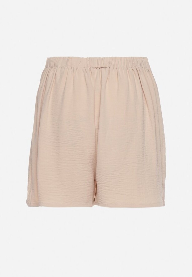 Beżowe Szorty z Gumką w Pasie i Paskami z Asymetryczną Falbanką Biozara