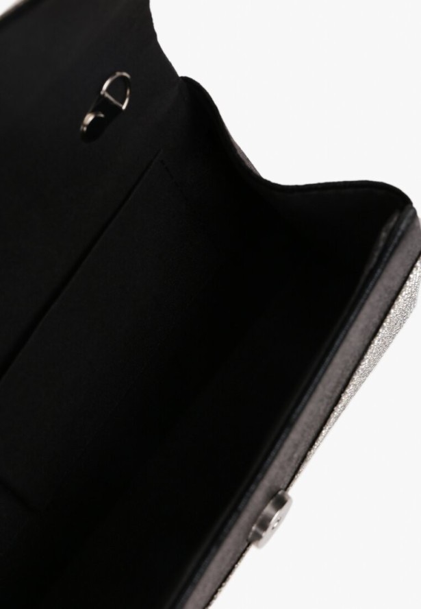 Czarno-Srebrna Torebka Kopertówka z Łańcuszkiem i Ozdobną Rączką z Cyrkoniami Zapinana na Magnes Jenatia