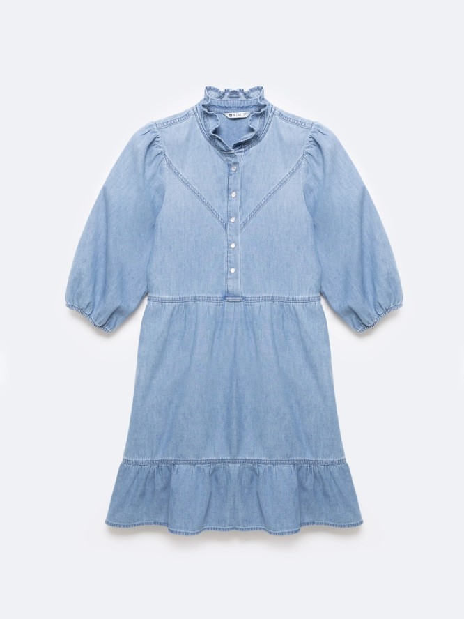 Sukienka damska mini jeansowa z dodatkiem lnu niebieska Rosalie 280