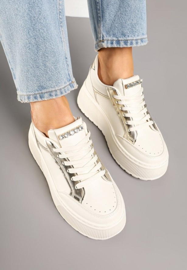 Beżowe Sneakersy na Grubej Podeszwie z Ozdobnymi Przeszyciami Tataniel