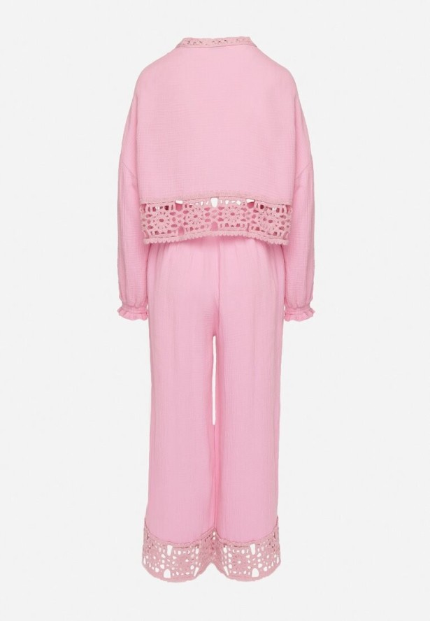 Różowy Bawełniany Komplet z Ażurowymi Zdobieniami Bluzka i Spodnie Palaniela
