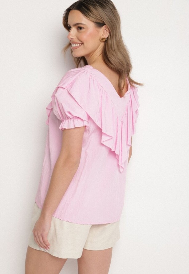 Różowa Bluzka z Wiskozą i Falbankami Fadevia