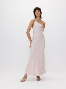 Sukienka z asymetrycznym dekoltem - pastelowy róż
