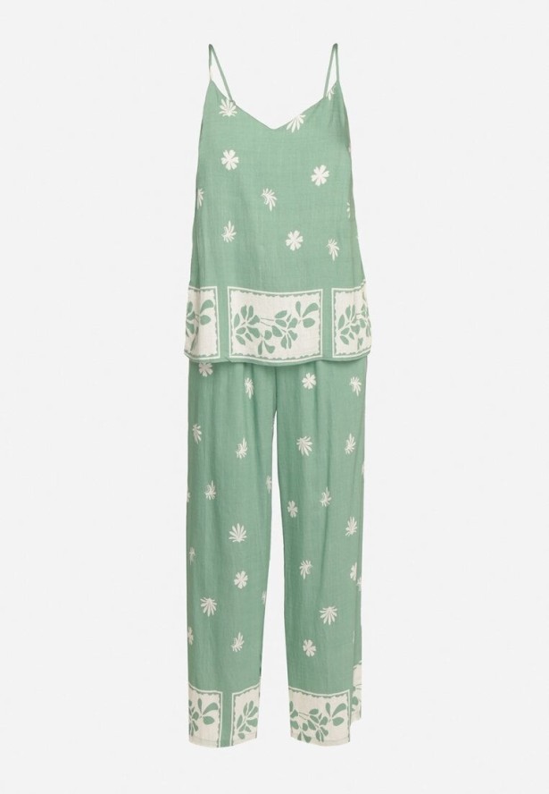 Miętowy Wiskozowy Komplet Koszulka na Ramiączkach i Spodnie w Kwiaty Adisira