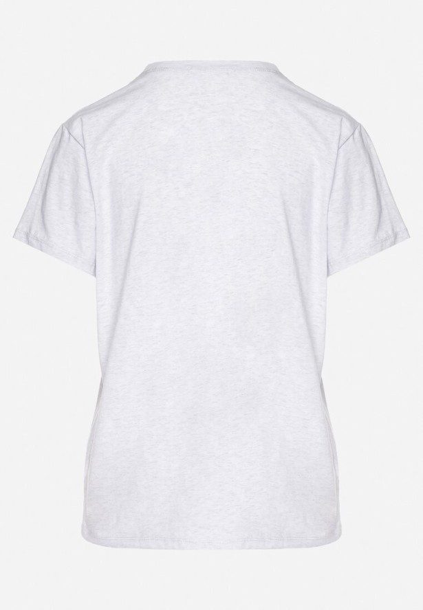 Jasnoszary T-shirt z Bawełny Ozdobiony Napisem i Cyrkoniami Olireth