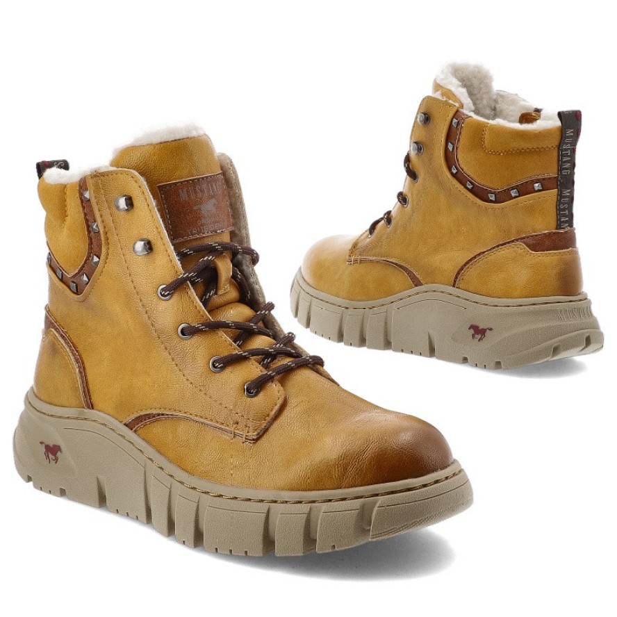 Żółte Botki Mustang Stylowe Ciepłe Obuwie Damskie