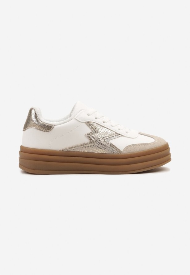 Złoto-Białe Sneakersy na Kauczukowej Podeszwie z Geometrycznym Wzorem Tolionne