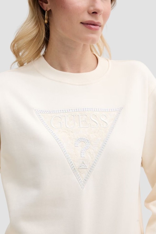 GUESS Beżowa bluza damska z cyrkoniami Triangle Lace, Rozmiar S