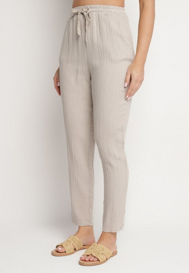 Beżowy Bawełniany Komplet Muślinowy Koszula z Regulowanymi Rękawami i Spodnie Janilene