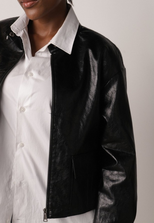 Czarna Kurtka Ramoneska Bomberka Ściągana po Bokach Salanthe