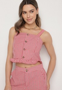 Czerwona Bluzka Top ze Wzorem Kraty Ozdobiony Falbanką i Guzikami Folorae