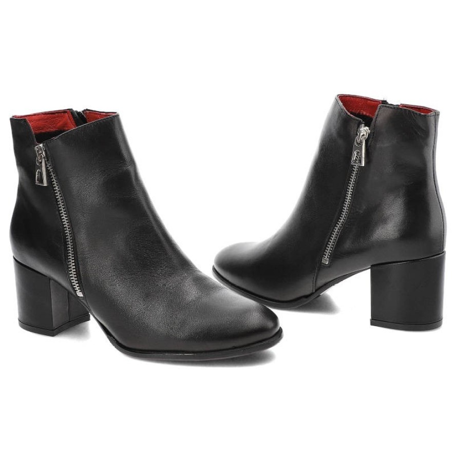 Czarne Botki Karino Ocieplane Skórzane Buty Na Obcasie