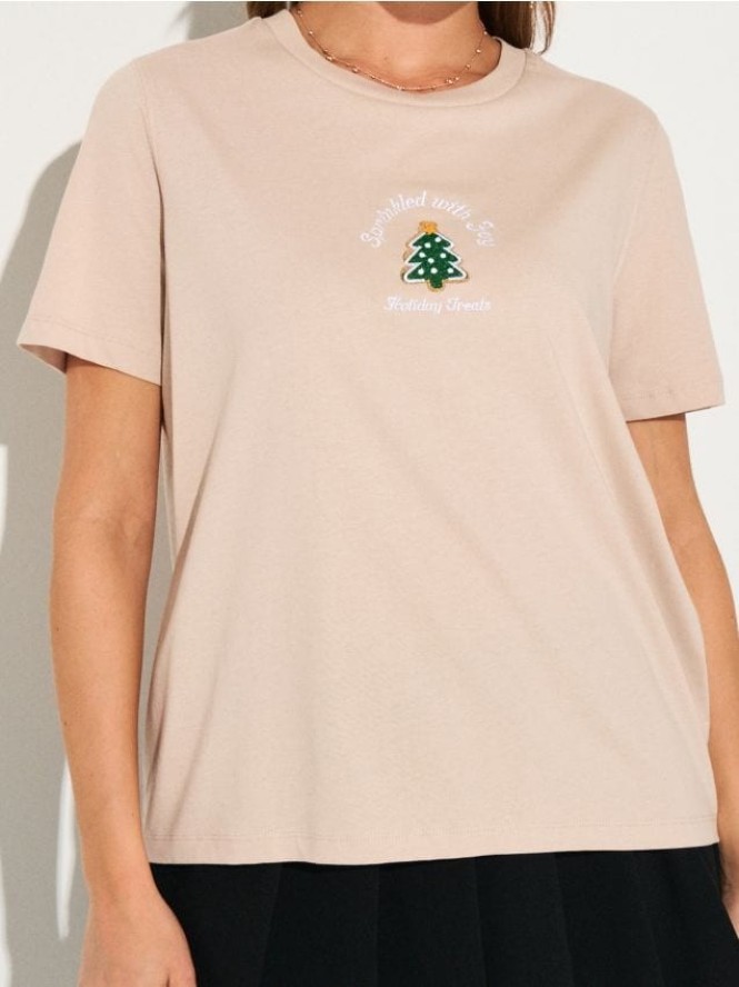 Bawełniana koszulka z motywem świątecznym - beżowy