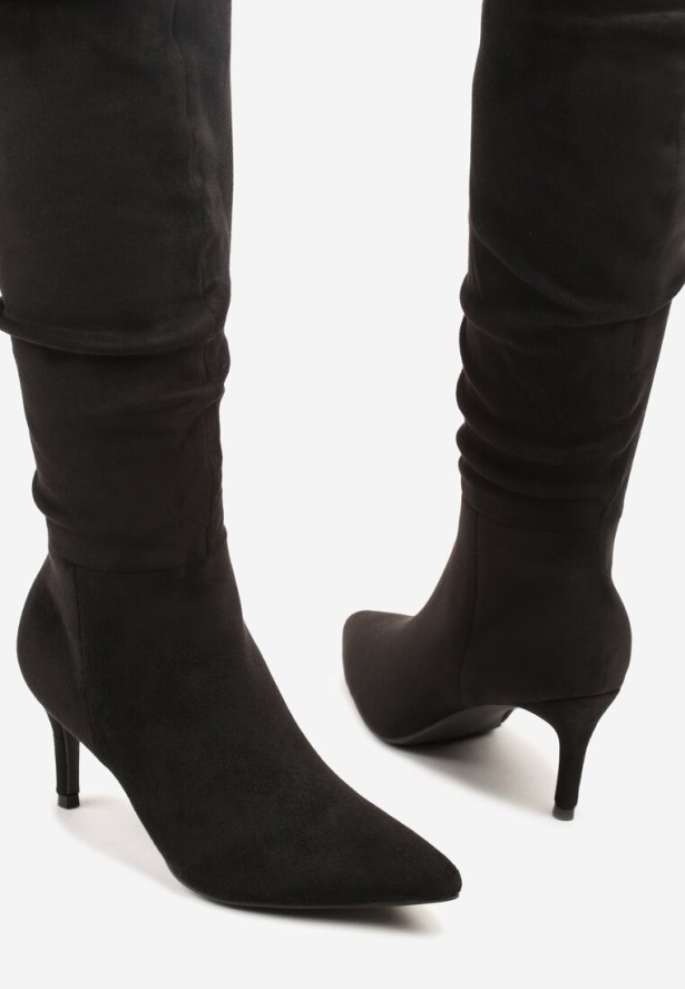 Czarne Marszczone Kozaki z Imitacji Zamszu na Obcasie Typu Szpilka Rilavira